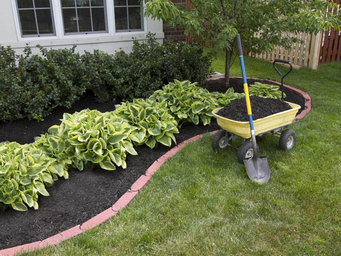 wheel barrow filled with soil and shovel standing against it